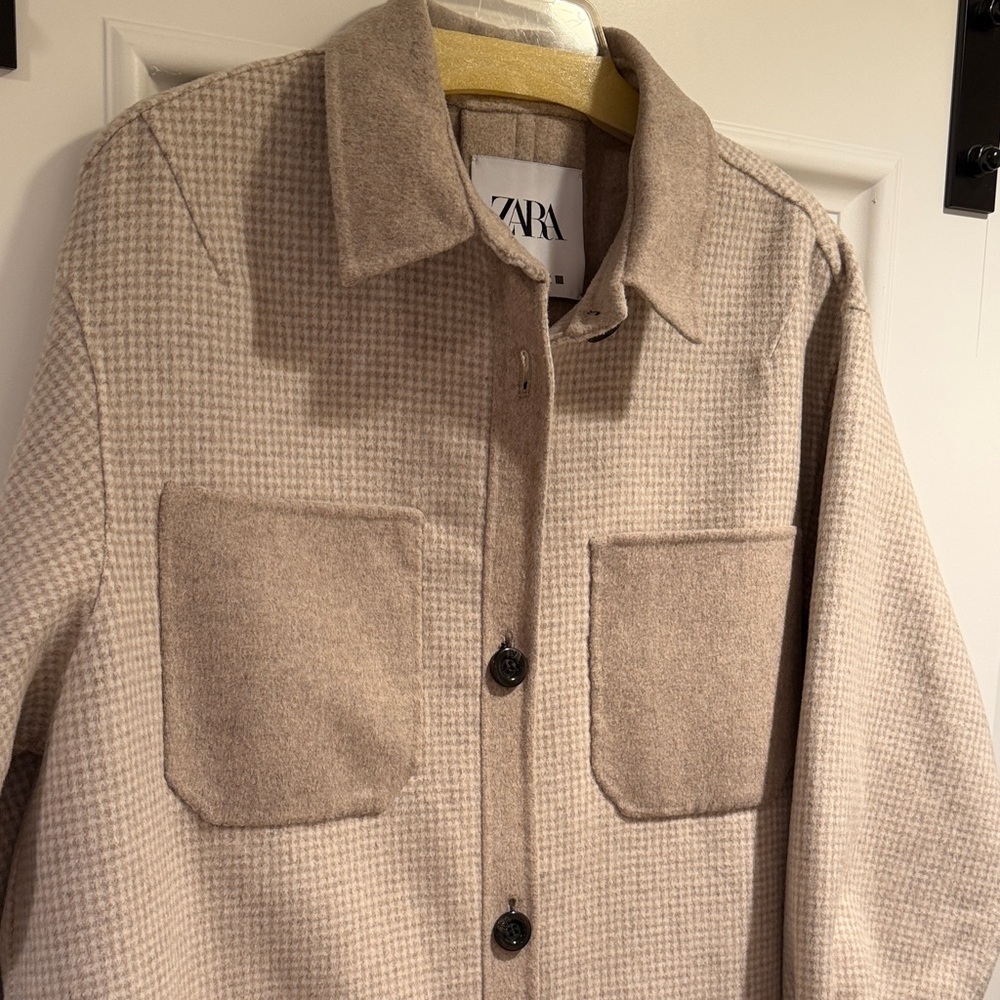 Zara Light Beige soft wool Checkered Shirt Jacket - Picture 2 of 6